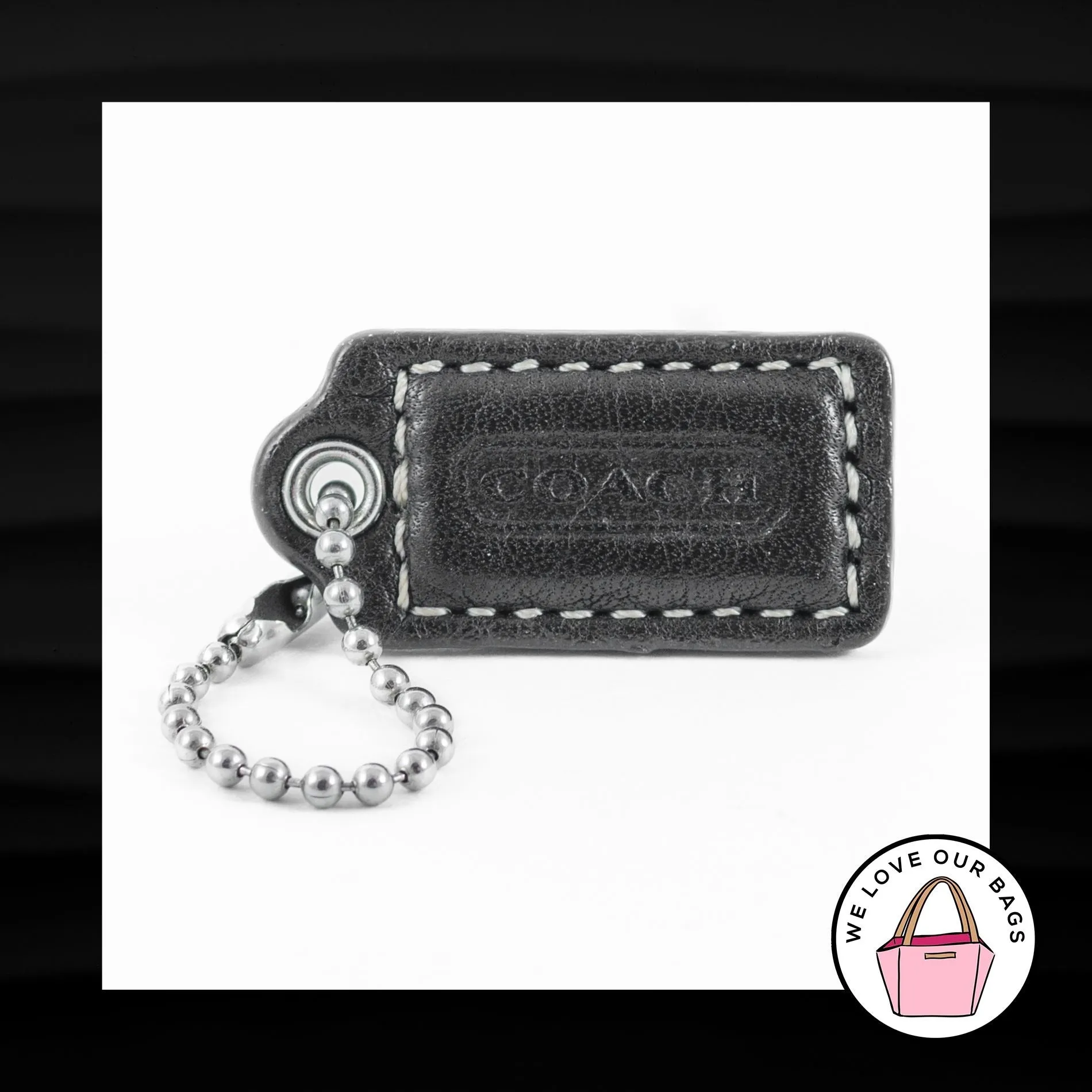 1.5" Small COACH BLACK LEATHER NICKEL KEY FOB CHARM KEYCHAIN HANG TAG WRISTLET