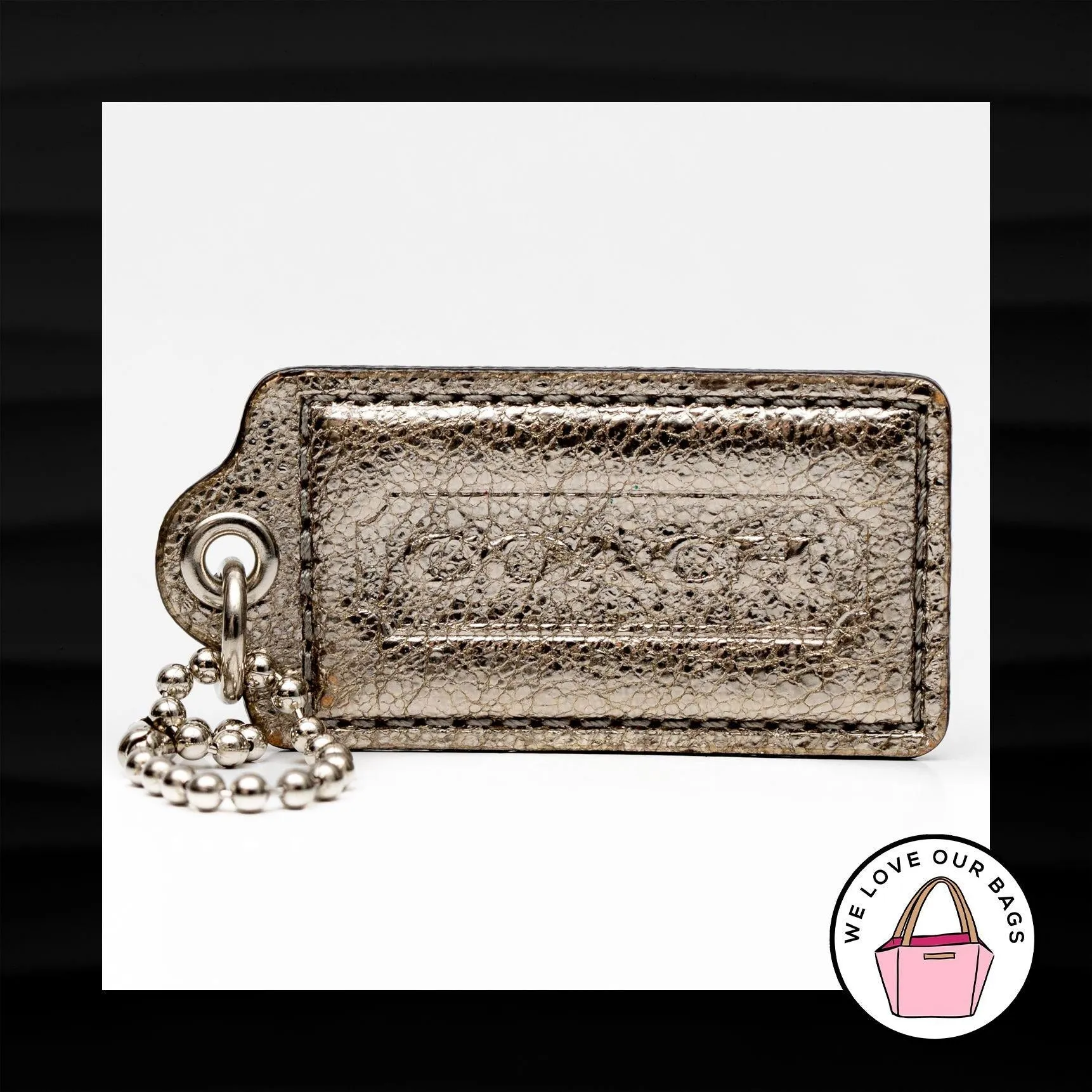 2.5" COACH SILVER CRACKLE METALLIC LEATHER KEY FOB BAG CHARM KEYCHAIN HANGTAG
