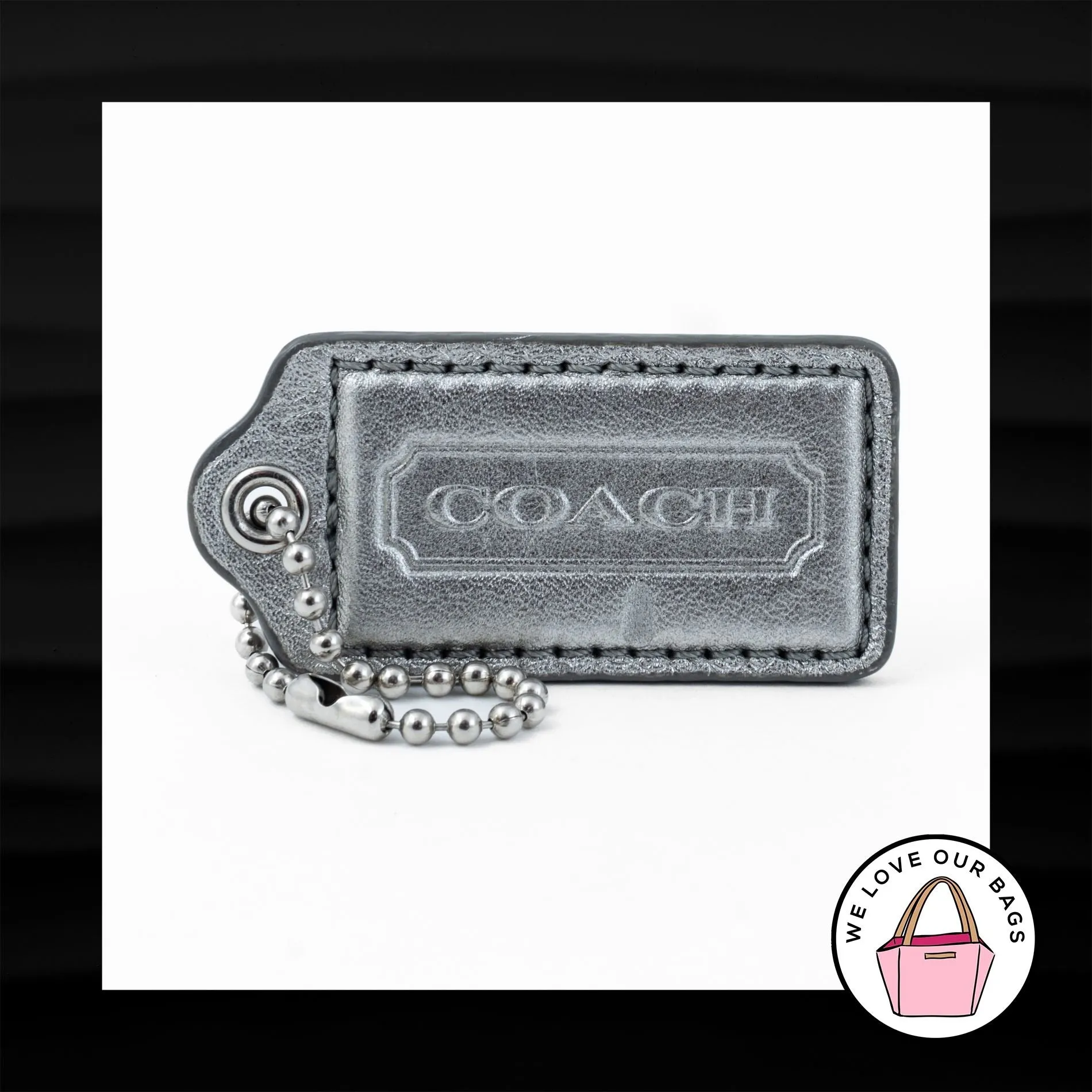 2.5" Large COACH SILVER METALLIC LEATHER KEY FOB BAG CHARM KEYCHAIN HANG TAG