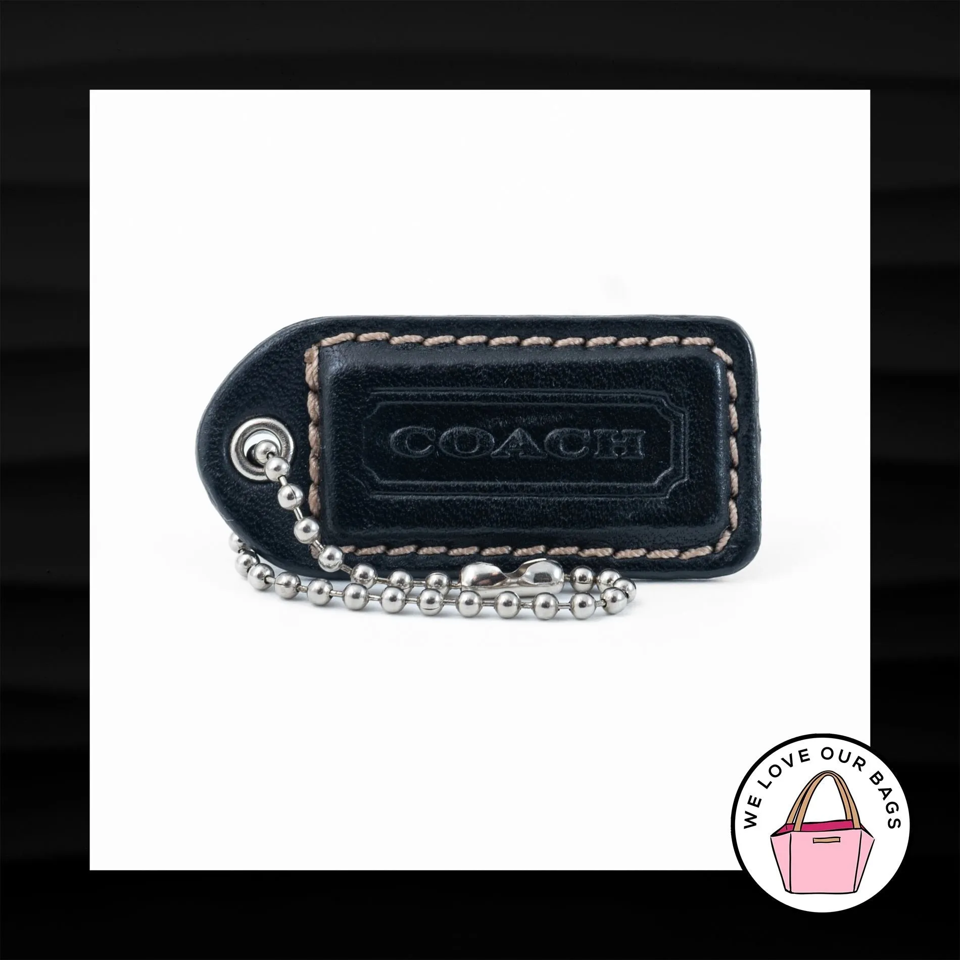 2" Medium COACH BLACK LEATHER KEY FOB BAG CHARM KEYCHAIN HANG TAG