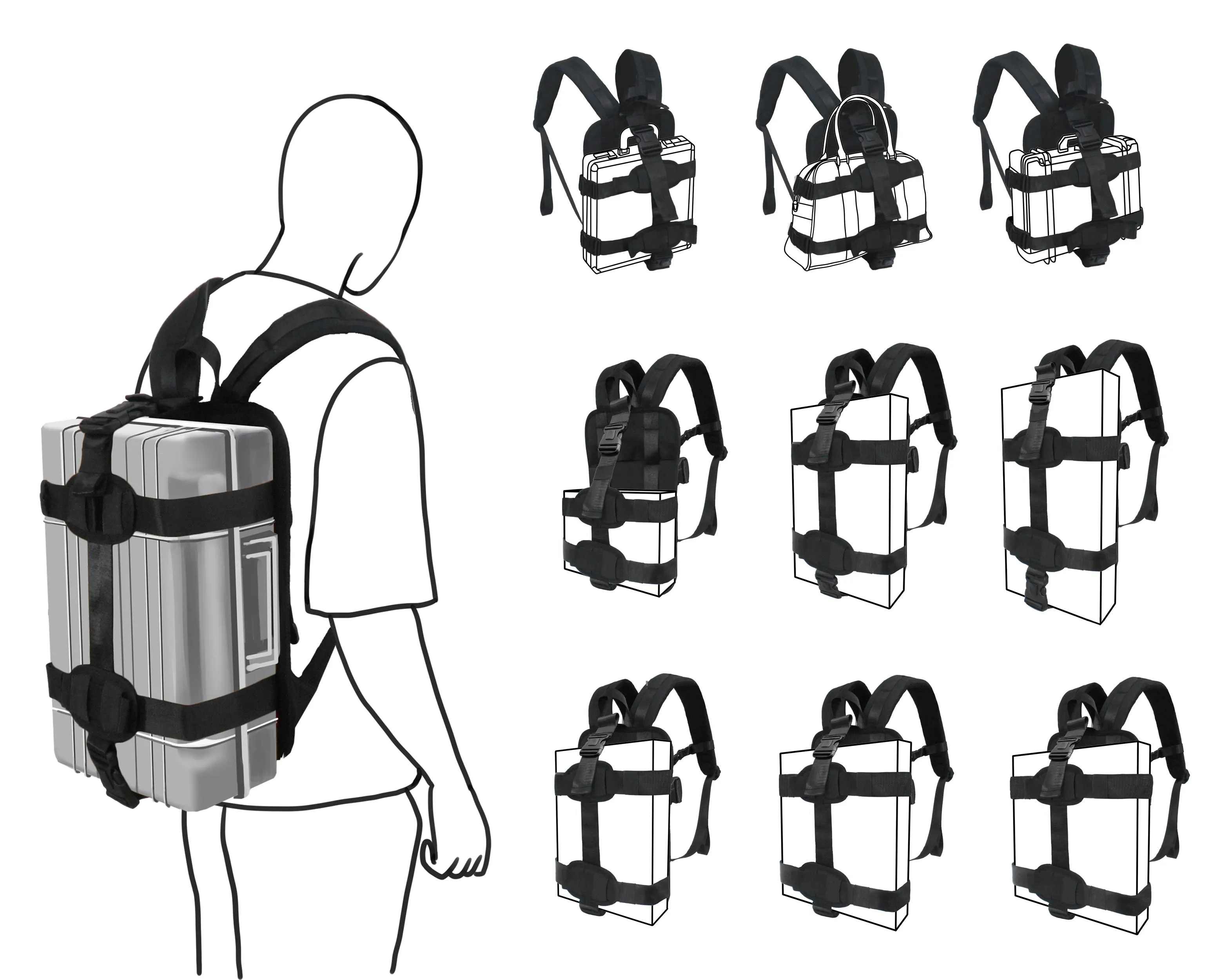 Backpack Carrying System with Adjustable Strap – ideal for carrying small to medium size hard shell case/hand baggage.