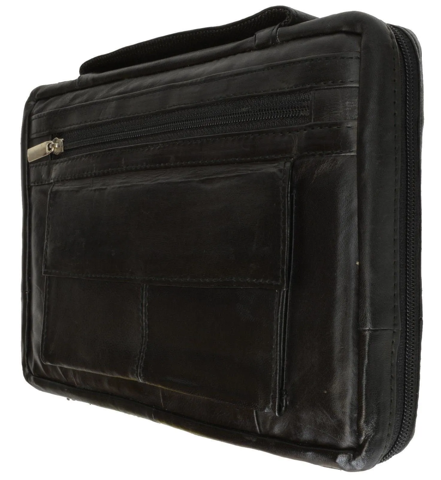Black Genuine Leather Bible Cover Zippered Bag Book Organizer Brief Case