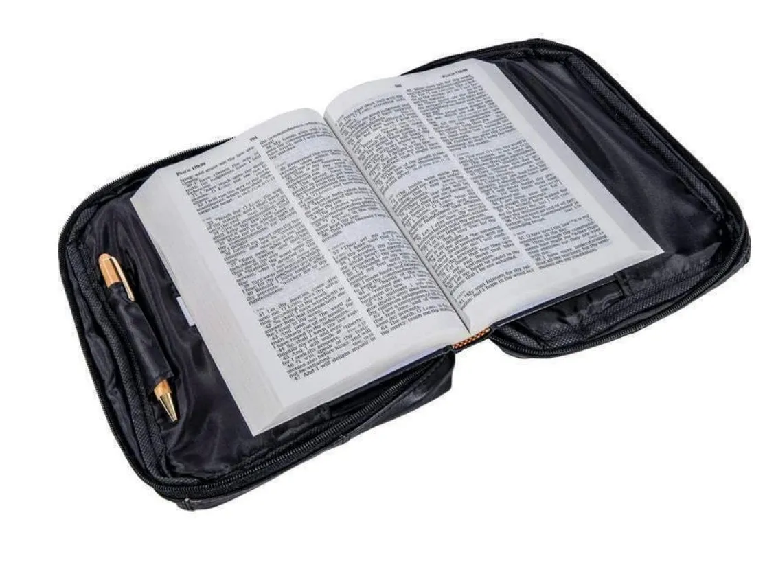 Black Genuine Leather Bible Cover Zippered Bag Book Organizer Brief Case