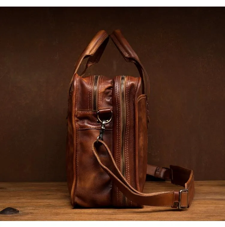 Brown Leather Mens 15 inches Large Briefcase Laptop Side Bag Black Travel Handbag Work Bag for Men