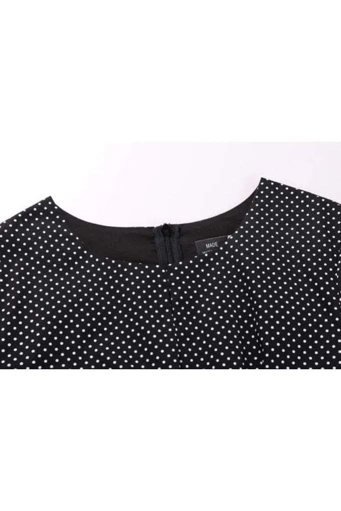 Classic Black with White Polka Dot Slit Detail Bell Sleeve Pencil Dress