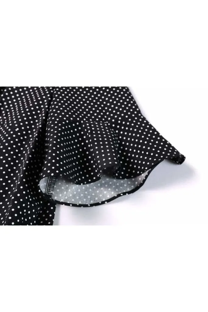 Classic Black with White Polka Dot Slit Detail Bell Sleeve Pencil Dress
