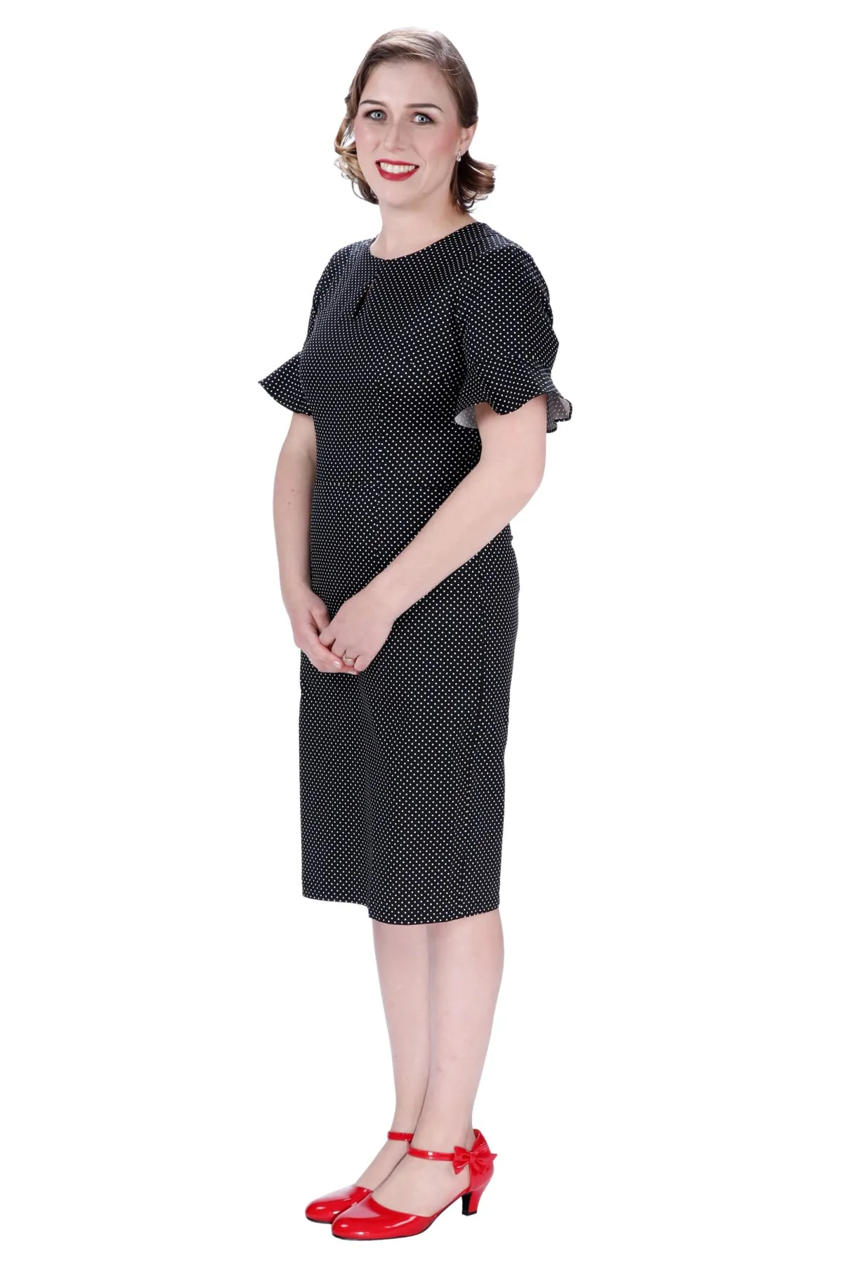 Classic Black with White Polka Dot Slit Detail Bell Sleeve Pencil Dress