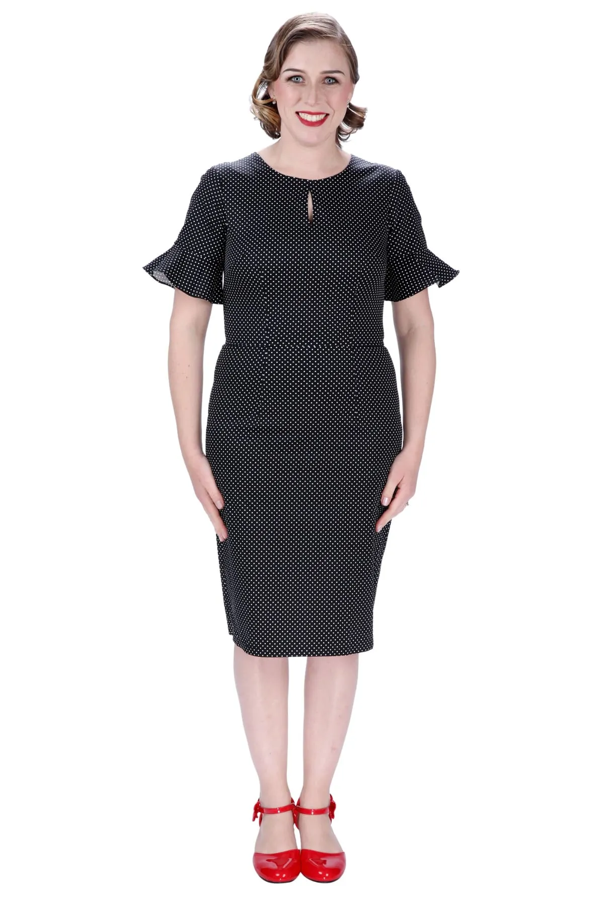 Classic Black with White Polka Dot Slit Detail Bell Sleeve Pencil Dress