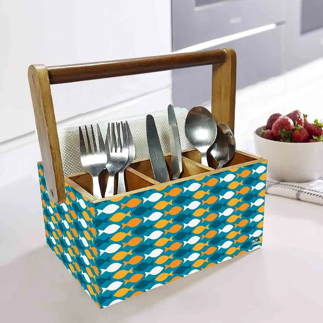 Cutlery Holder Cafe With Handle Forks Spoons Tissue Organizer - Fishes
