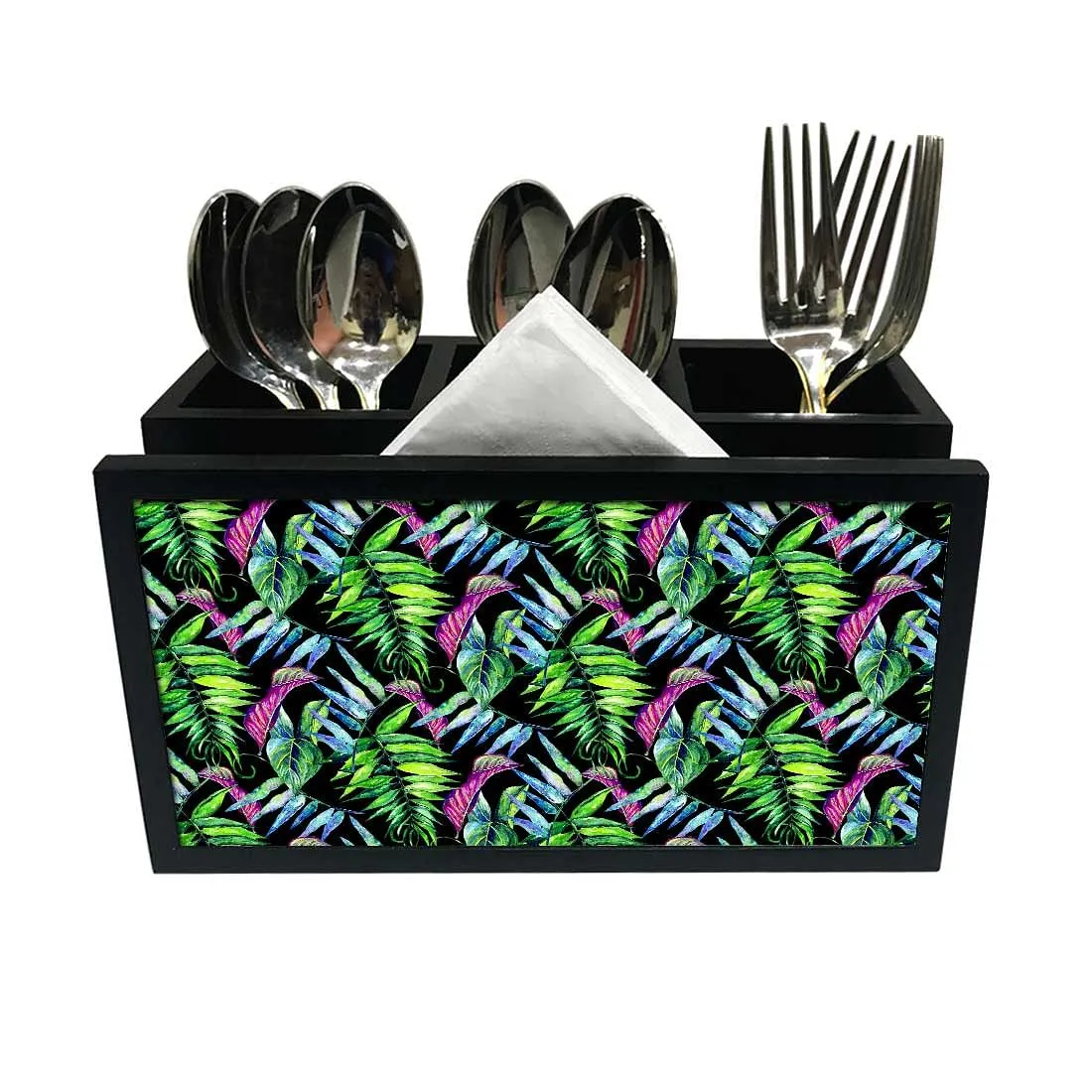 Cutlery Tissue Holder Napkin Stand -  Green Leaf Tropical
