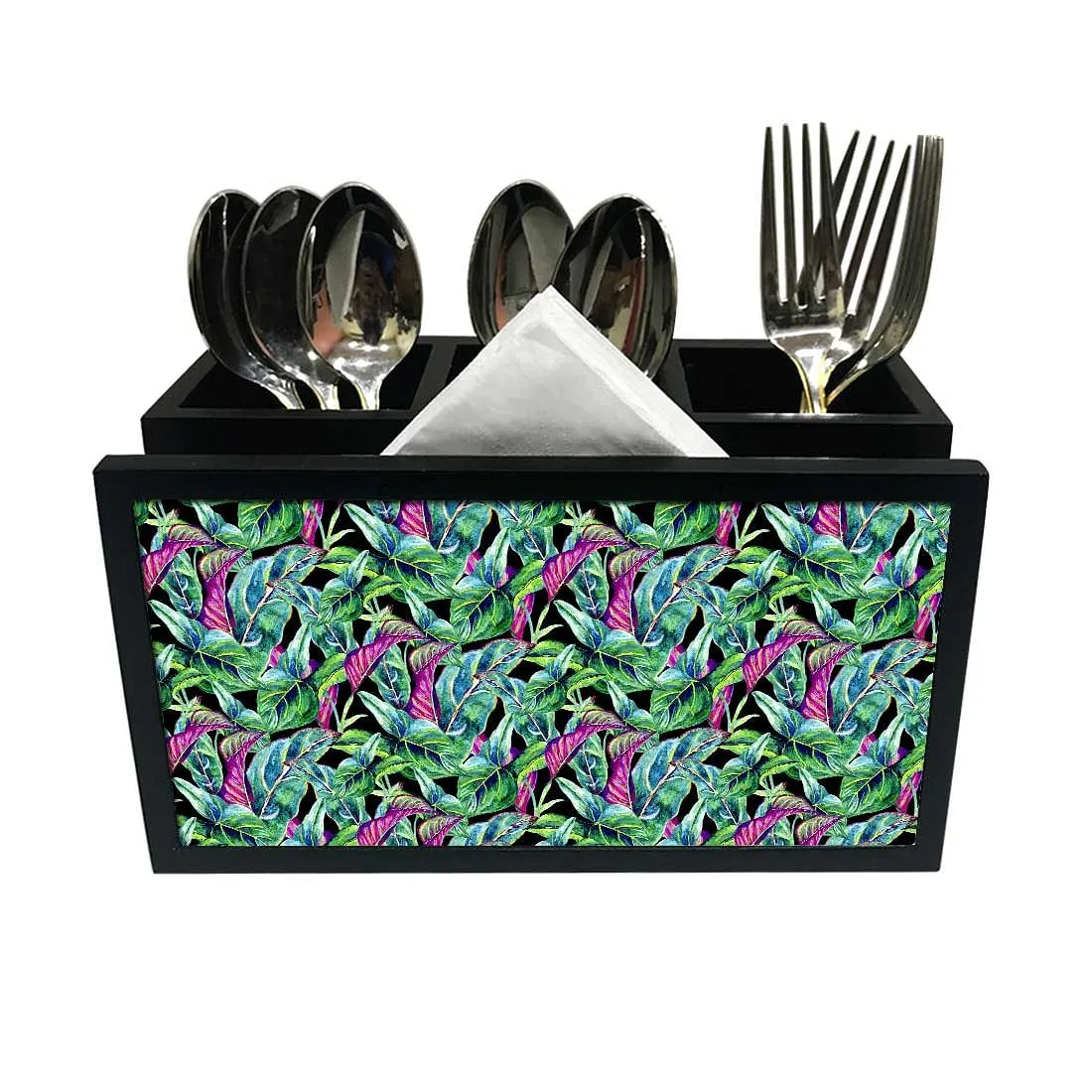 Cutlery Tissue Holder Napkin Stand -  Purple and Green Tropical Leaf