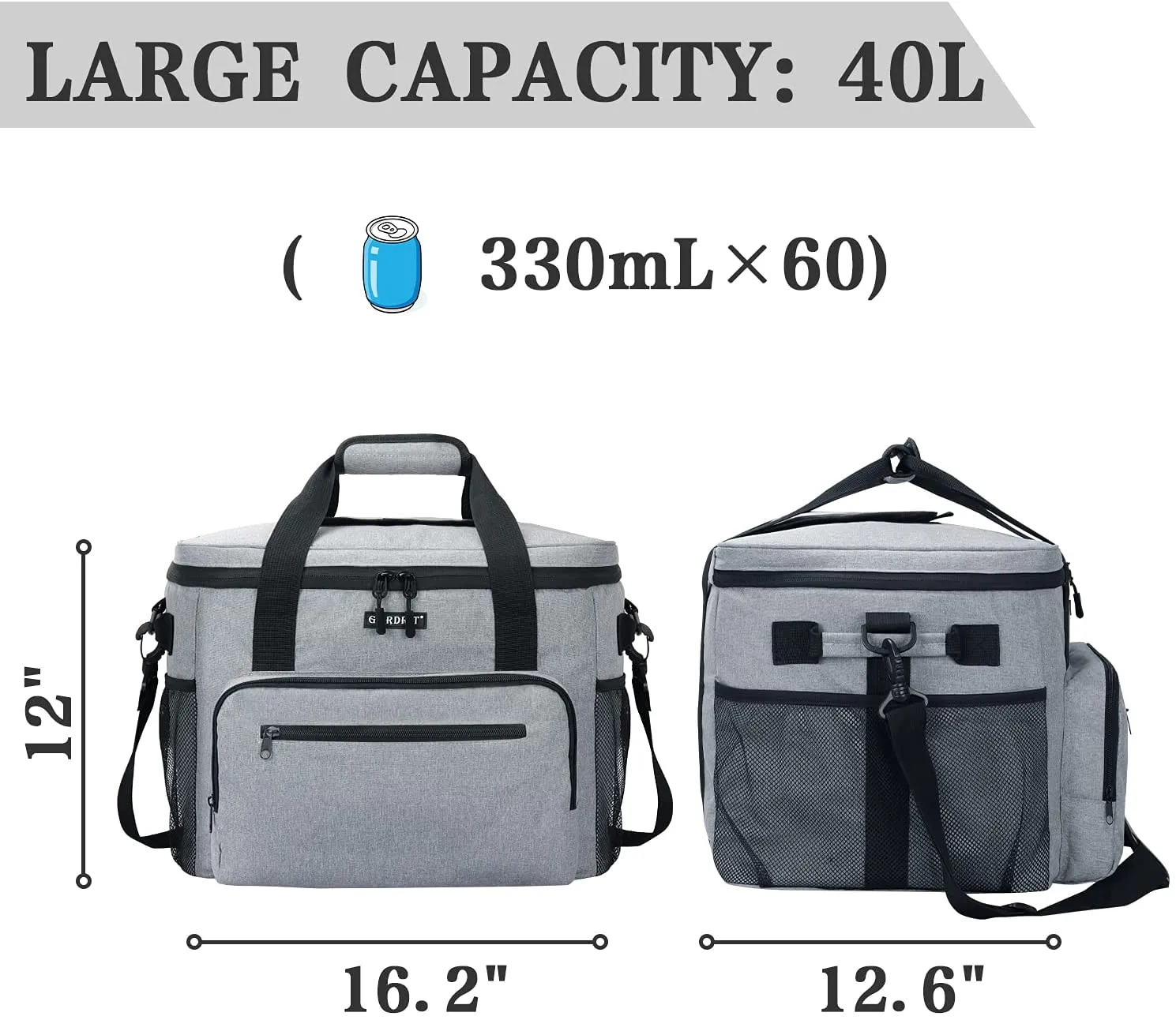 GARDRIT Large Cooler Bag - 60 Cans Collapsible Insulated Lunch Box, Leak-Proof Cooler Bag Suitable for Camping, Picnic& Beach (40L/Grey)