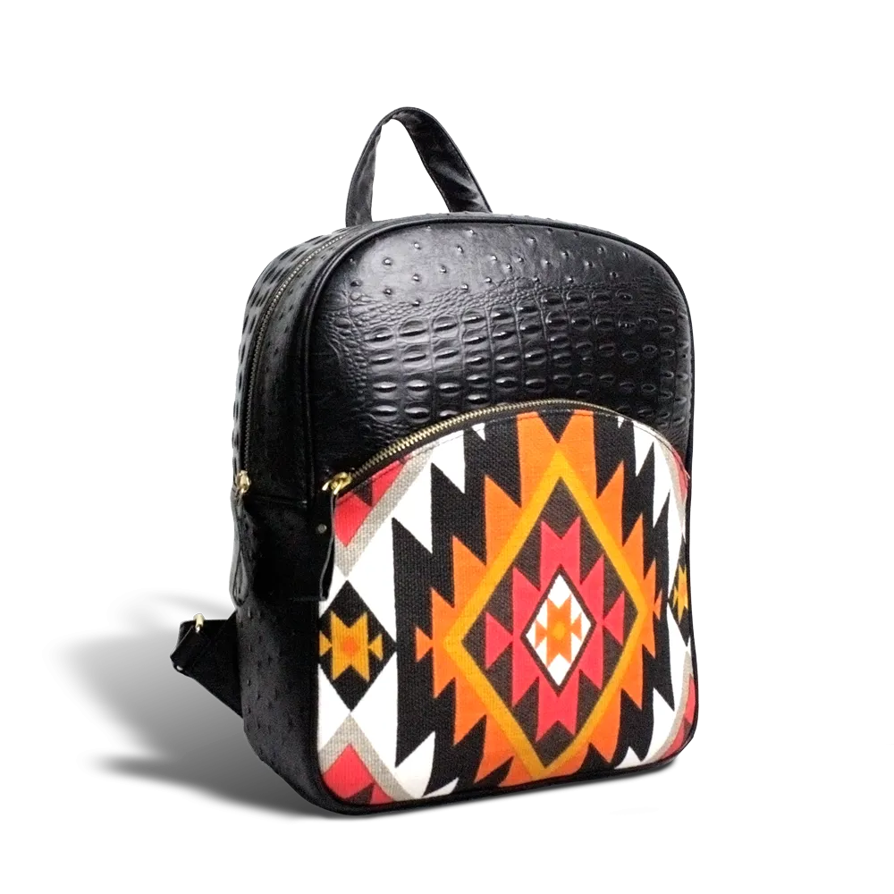 Geometric Print Black Leather Backpack