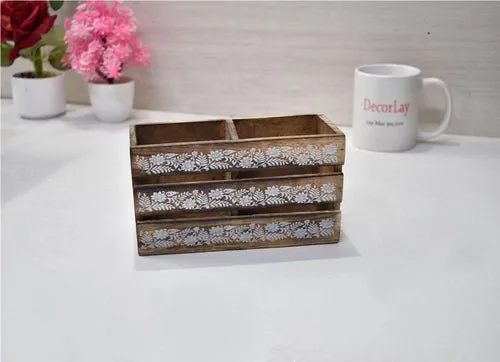 Handmade Wooden 2 compartments Cutlery Holder Storage Box