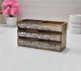 Handmade Wooden 2 compartments Cutlery Holder Storage Box
