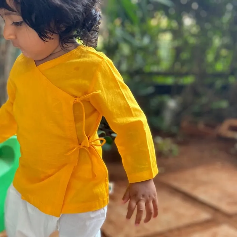 Kids Unisex Organic Cotton Yellow Angrakha and White Pants