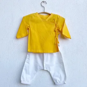 Kids Unisex Organic Cotton Yellow Angrakha and White Pants