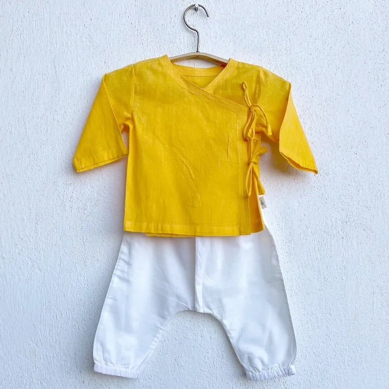 Kids Unisex Organic Cotton Yellow Angrakha and White Pants