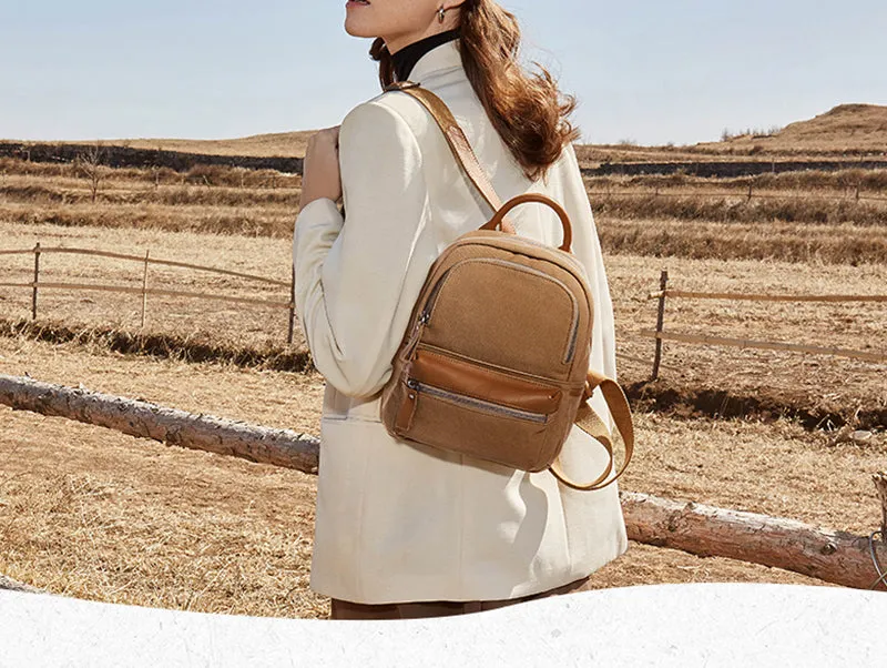 Ladies Small Canvas Leather Hiking Backpack Purse With Pockets Small Rucksack Bags for Women