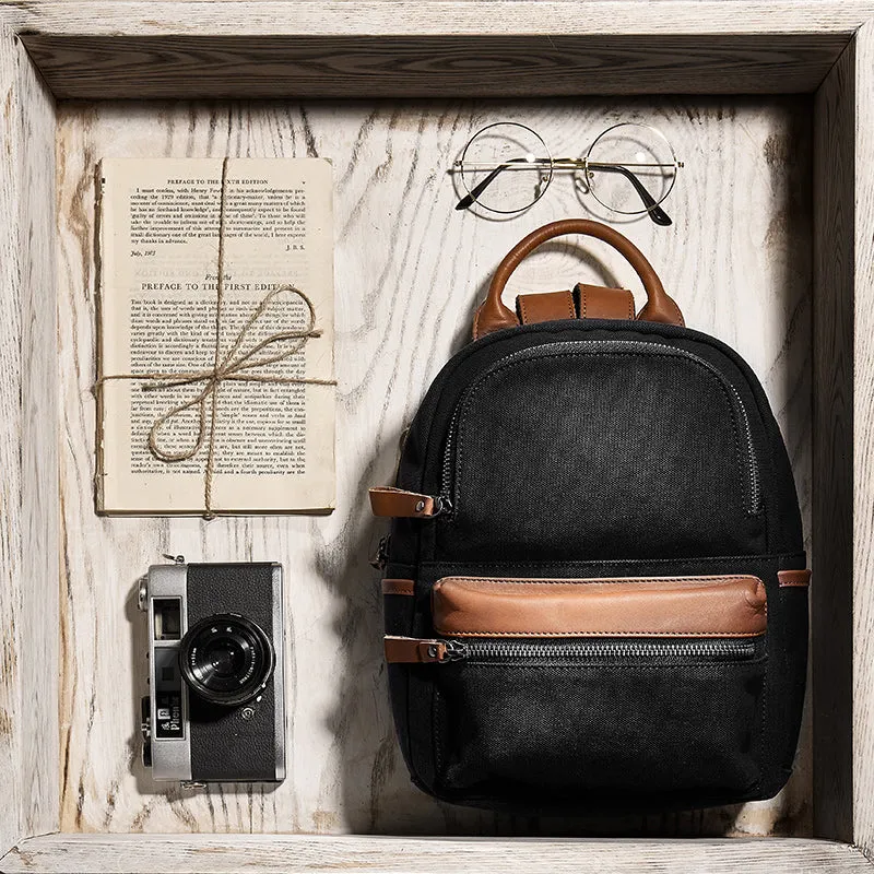 Ladies Small Canvas Leather Hiking Backpack Purse With Pockets Small Rucksack Bags for Women