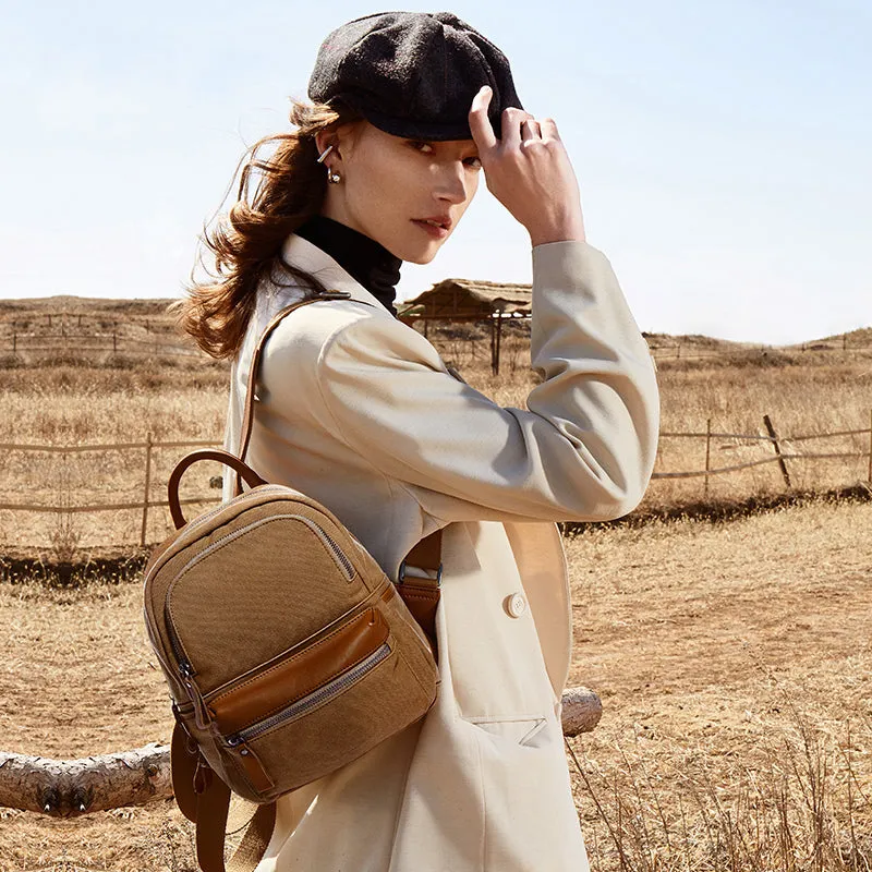 Ladies Small Canvas Leather Hiking Backpack Purse With Pockets Small Rucksack Bags for Women