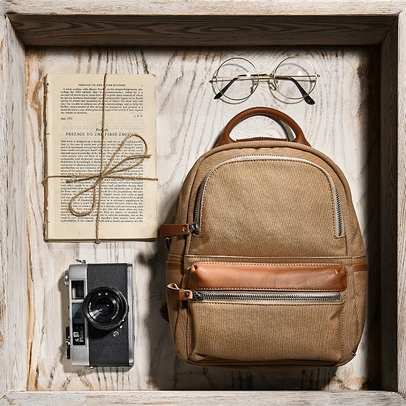 Ladies Small Canvas Leather Hiking Backpack Purse With Pockets Small Rucksack Bags for Women
