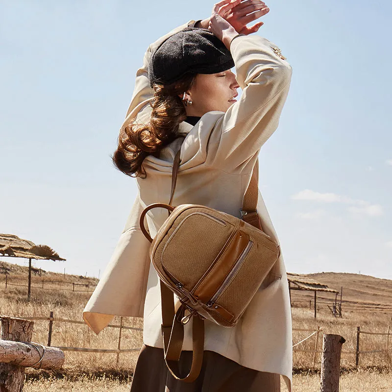 Ladies Small Canvas Leather Hiking Backpack Purse With Pockets Small Rucksack Bags for Women