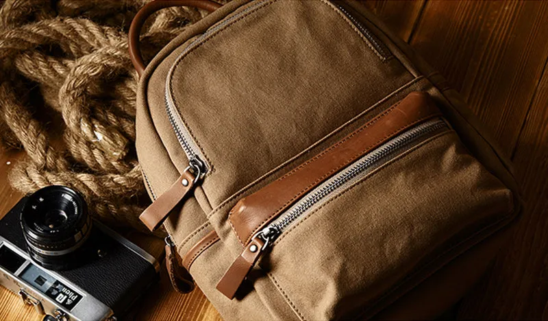 Ladies Small Canvas Leather Hiking Backpack Purse With Pockets Small Rucksack Bags for Women
