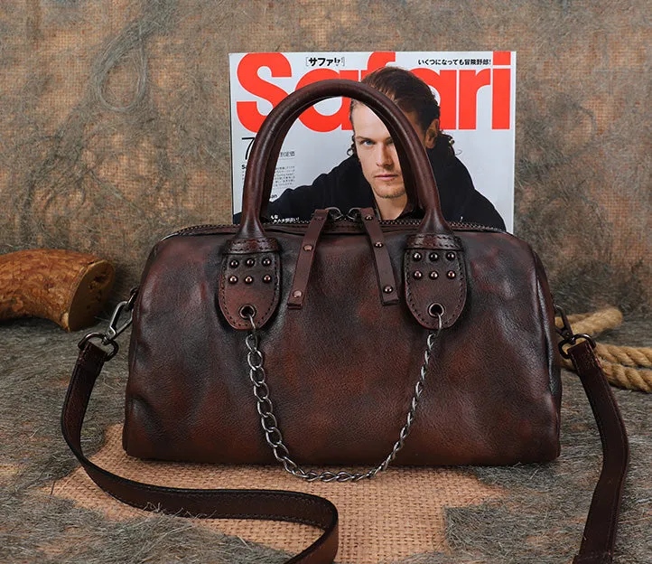 Ladies Small Leather Shoulder Bag With Rivets And Chain Brown Leather Crossbody Bag
