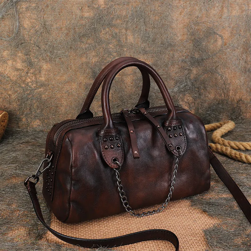 Ladies Small Leather Shoulder Bag With Rivets And Chain Brown Leather Crossbody Bag