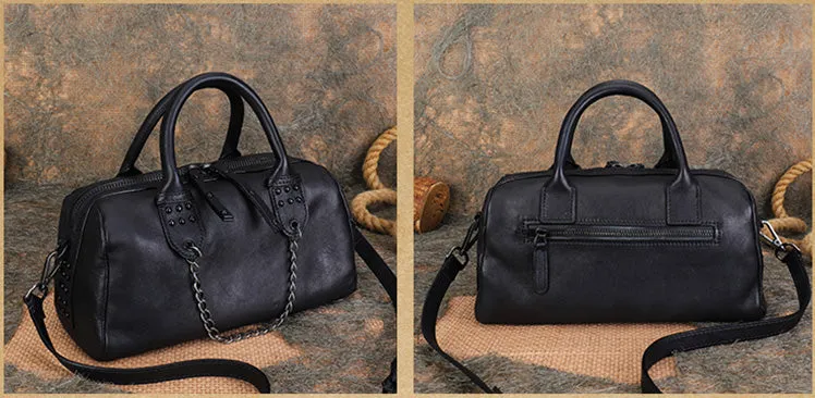 Ladies Small Leather Shoulder Bag With Rivets And Chain Brown Leather Crossbody Bag