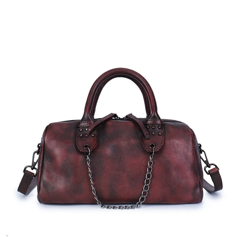 Ladies Small Leather Shoulder Bag With Rivets And Chain Brown Leather Crossbody Bag
