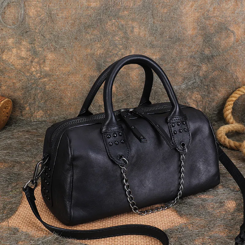 Ladies Small Leather Shoulder Bag With Rivets And Chain Brown Leather Crossbody Bag