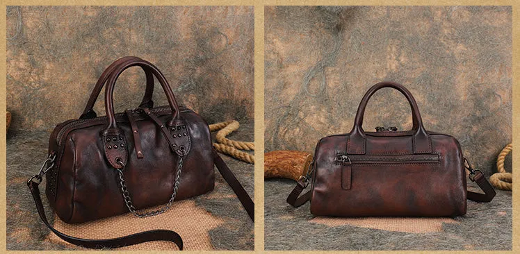 Ladies Small Leather Shoulder Bag With Rivets And Chain Brown Leather Crossbody Bag