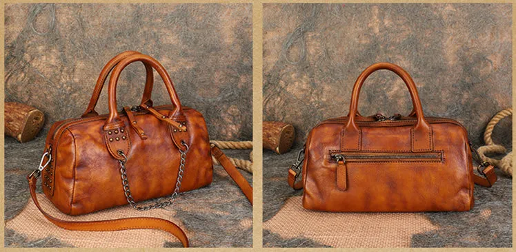 Ladies Small Leather Shoulder Bag With Rivets And Chain Brown Leather Crossbody Bag
