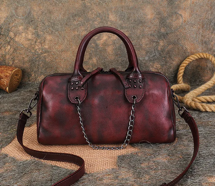 Ladies Small Leather Shoulder Bag With Rivets And Chain Brown Leather Crossbody Bag