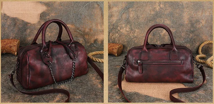 Ladies Small Leather Shoulder Bag With Rivets And Chain Brown Leather Crossbody Bag