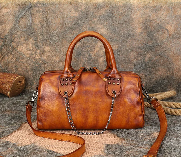 Ladies Small Leather Shoulder Bag With Rivets And Chain Brown Leather Crossbody Bag