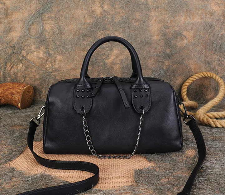 Ladies Small Leather Shoulder Bag With Rivets And Chain Brown Leather Crossbody Bag