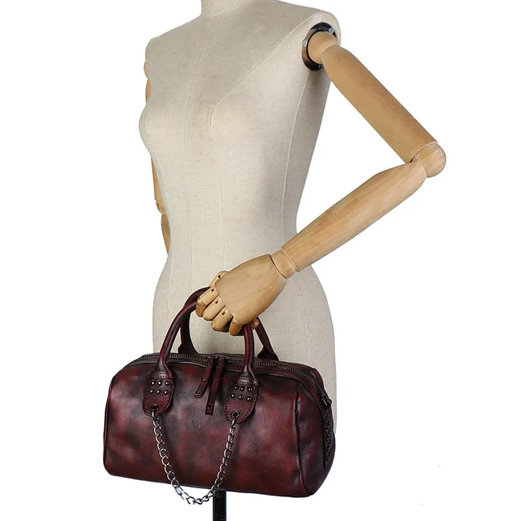 Ladies Small Leather Shoulder Bag With Rivets And Chain Brown Leather Crossbody Bag