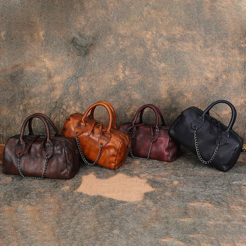 Ladies Small Leather Shoulder Bag With Rivets And Chain Brown Leather Crossbody Bag