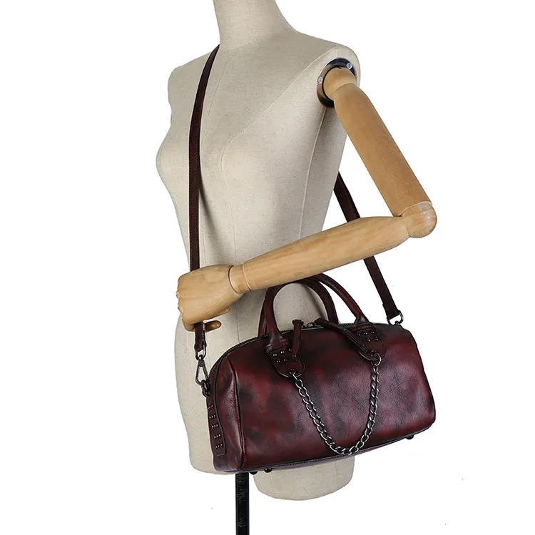 Ladies Small Leather Shoulder Bag With Rivets And Chain Brown Leather Crossbody Bag
