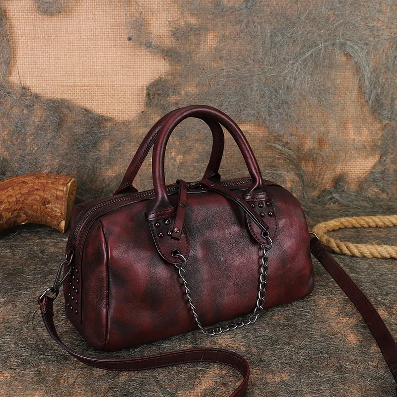 Ladies Small Leather Shoulder Bag With Rivets And Chain Brown Leather Crossbody Bag