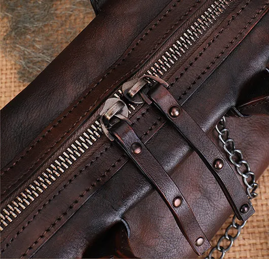 Ladies Small Leather Shoulder Bag With Rivets And Chain Brown Leather Crossbody Bag