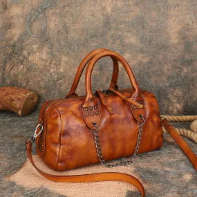 Ladies Small Leather Shoulder Bag With Rivets And Chain Brown Leather Crossbody Bag