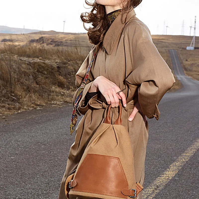 Ladies Small Vintage Canvas Leather Hiking Backpack Purse Canvas Rucksack Bag for Women