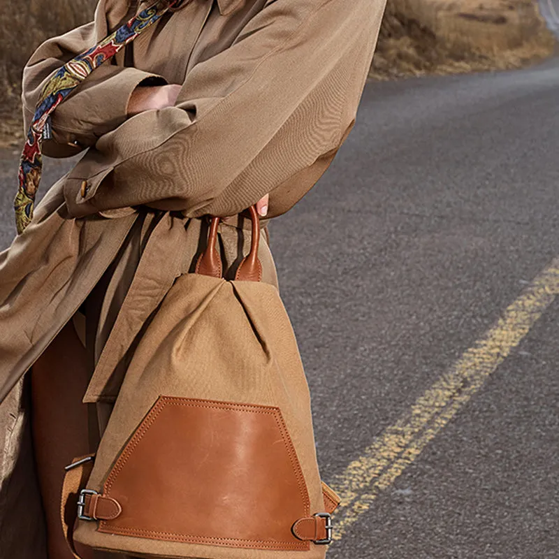 Ladies Small Vintage Canvas Leather Hiking Backpack Purse Canvas Rucksack Bag for Women