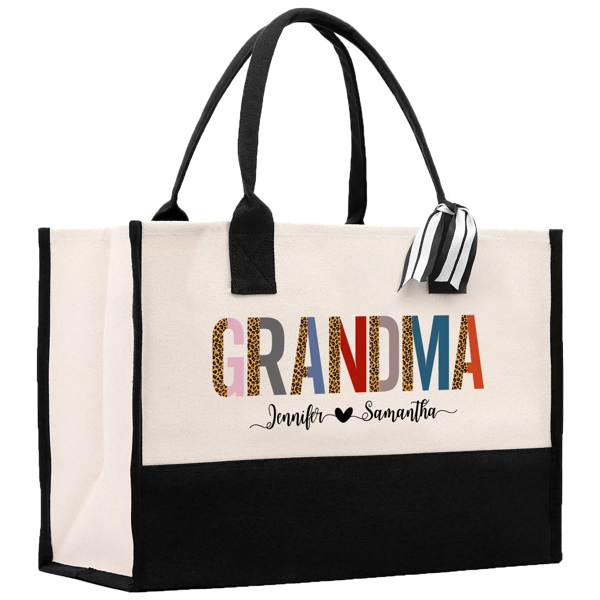 Leopard Colorful Grandma Custom Names Cotton Canvas Tote Bag Grandma Birthday Gift Set Frosted Can Glass with Bag Set From Grandkids Gift