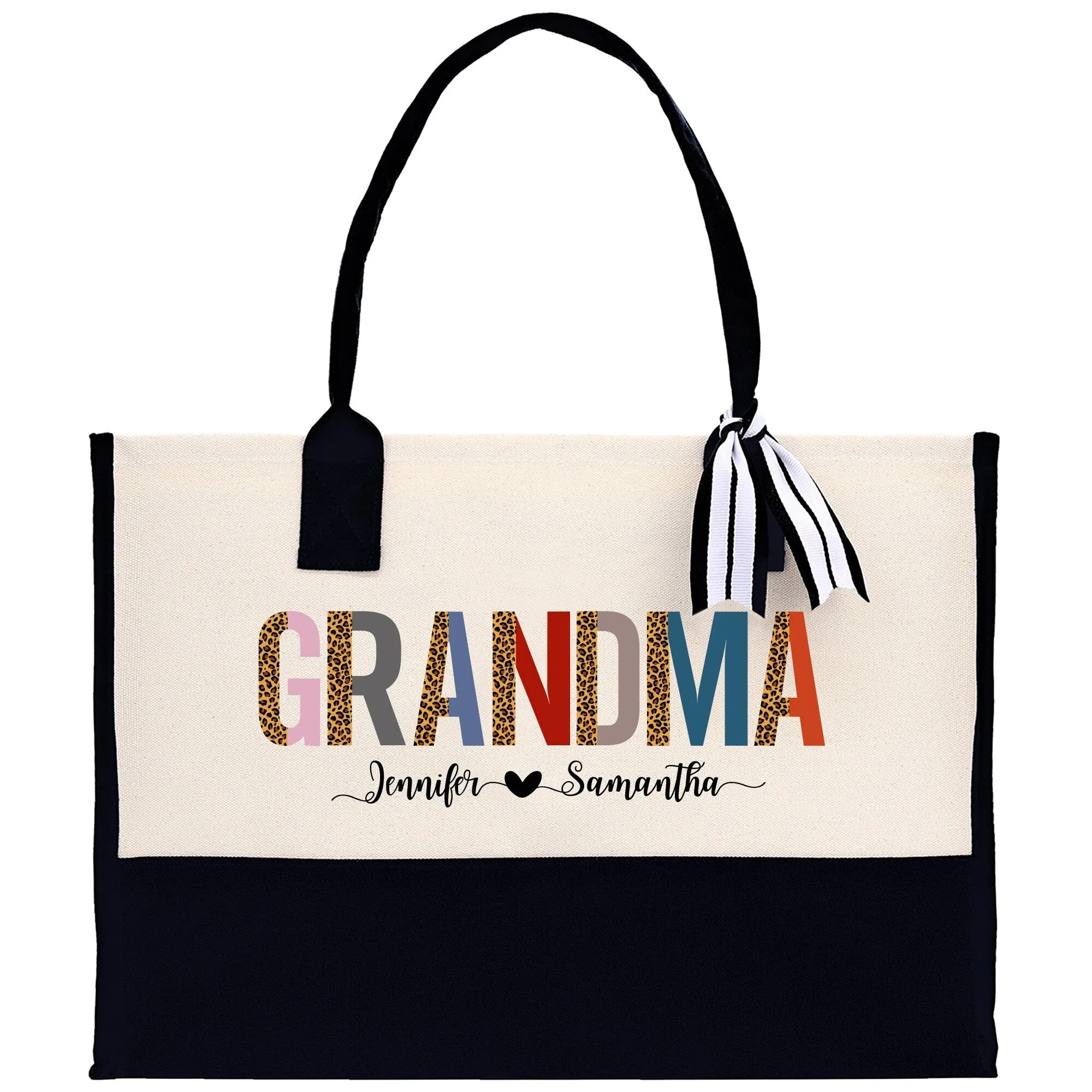 Leopard Colorful Grandma Custom Names Cotton Canvas Tote Bag Grandma Birthday Gift Set Frosted Can Glass with Bag Set From Grandkids Gift