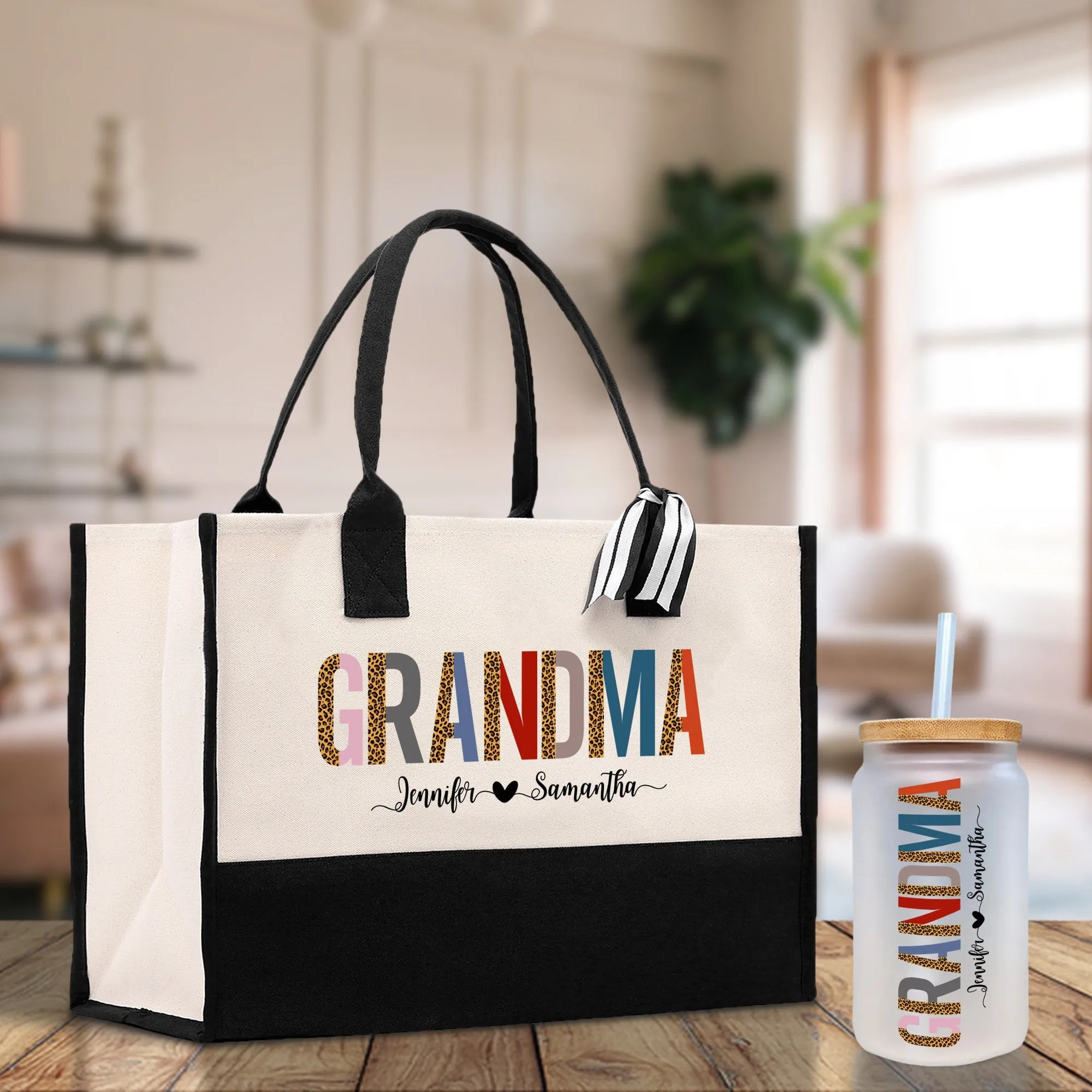 Leopard Colorful Grandma Custom Names Cotton Canvas Tote Bag Grandma Birthday Gift Set Frosted Can Glass with Bag Set From Grandkids Gift